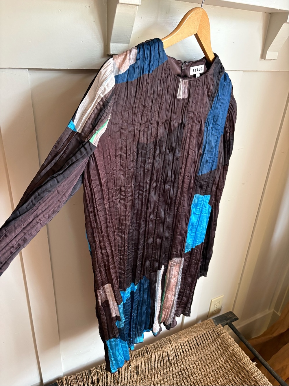 STAUD Brown Long Sleeve Mini Kona Dress with Turquoise & Cream Accents - Picture 6 of 11